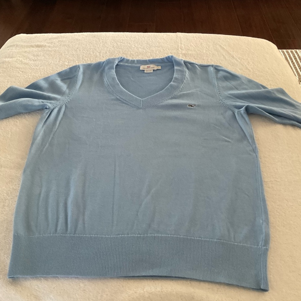 Vineyard Vines Sky Blue V-Neck Sweater in Size Large, color is a pale, soft blue